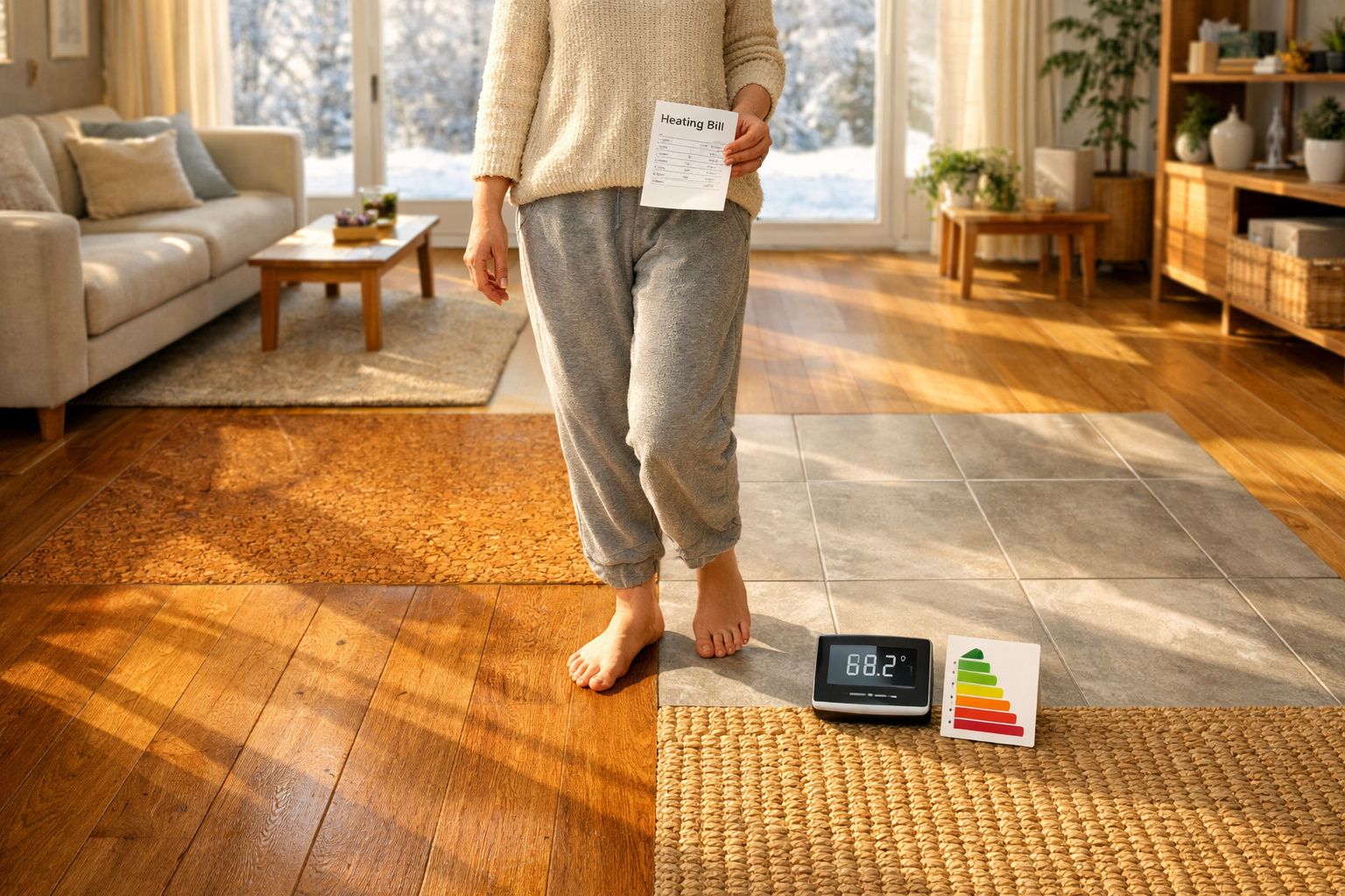 Pessoa descalça em casa, segurando fatura de aquecimento, junto a termóstato e gráfico de eficiência energética.