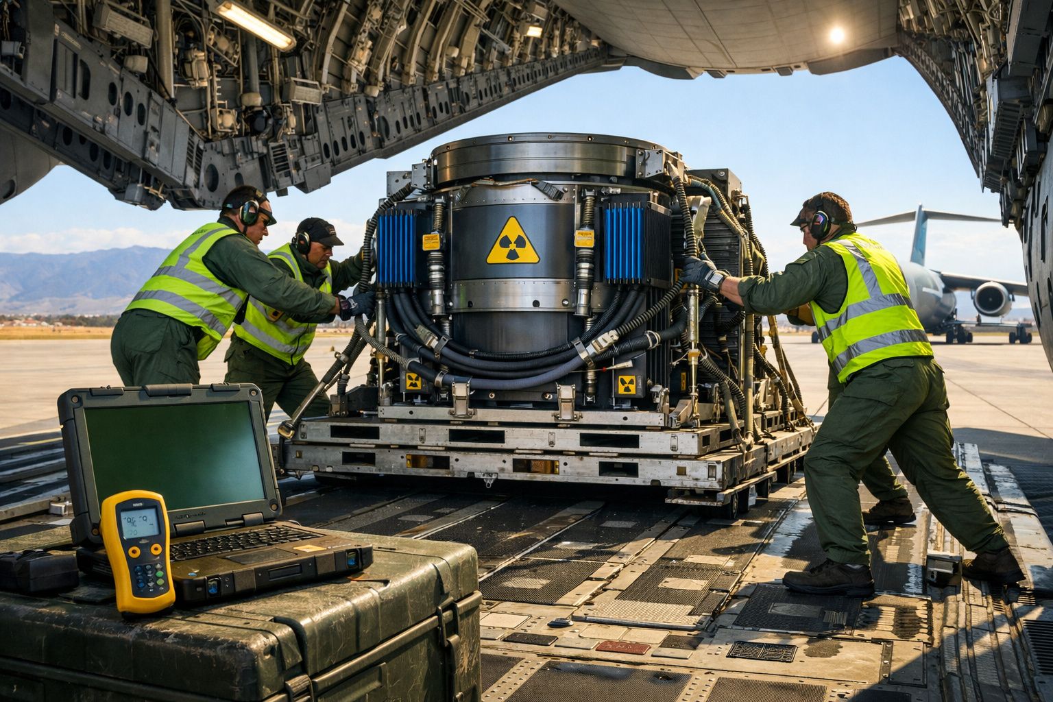 Três técnicos em coletes refletores e equipamento de proteção movem carga com símbolo de radiação dentro de avião de carga.
