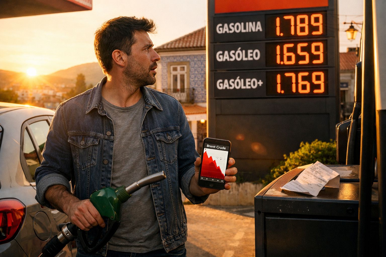 Homem junto a carro numa bomba de gasolina ao pôr do sol, segurando bomba de combustível e telemóvel com gráfico a cair.