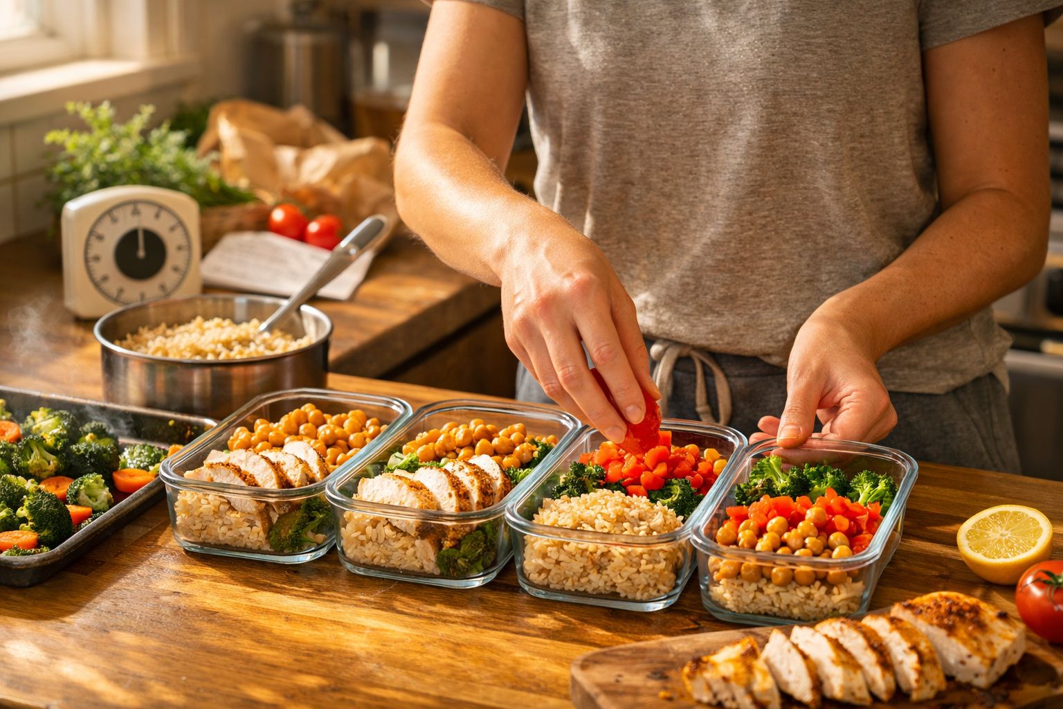 Pessoa a preparar marmitas com arroz, grão-de-bico, brócolos, tomate e peito de frango numa cozinha.