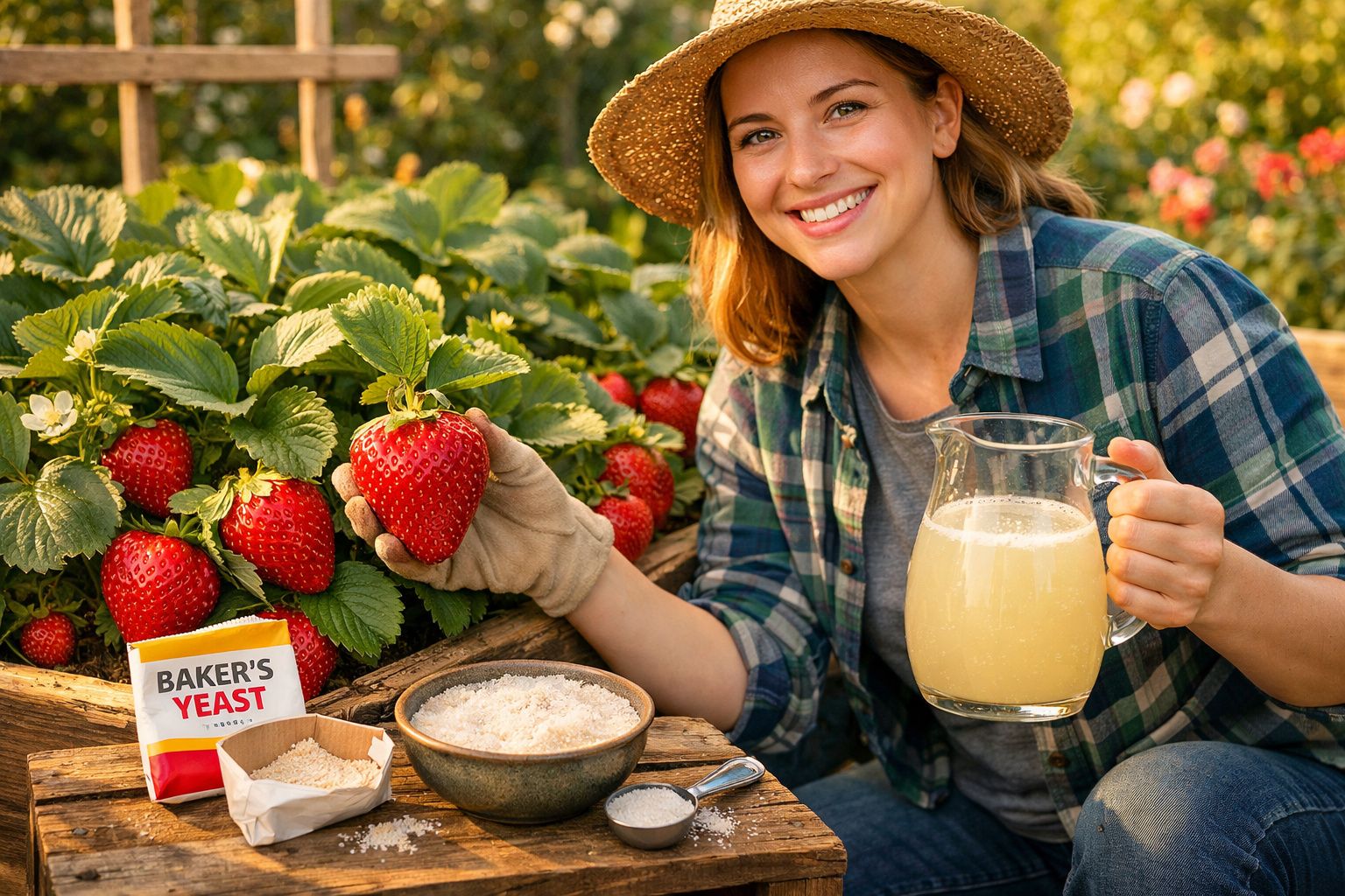 Mulher sorridente numa estufa com morangos, segurando uma jarra de líquido e um morango grande.