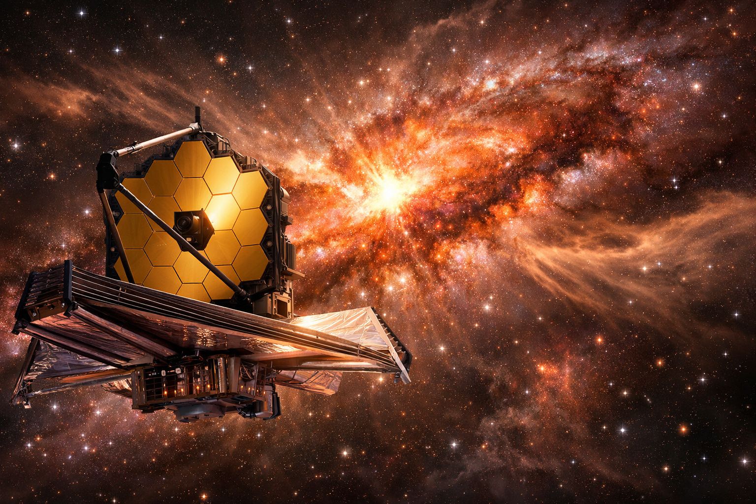 Satélite espacial com lente dourada dianteira em órbita, com galáxia luminosa e estrelas ao fundo.