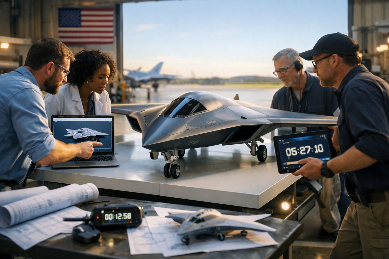 Quatro engenheiros analisam um modelo de avião futurista numa oficina com equipamentos e telas digitais.