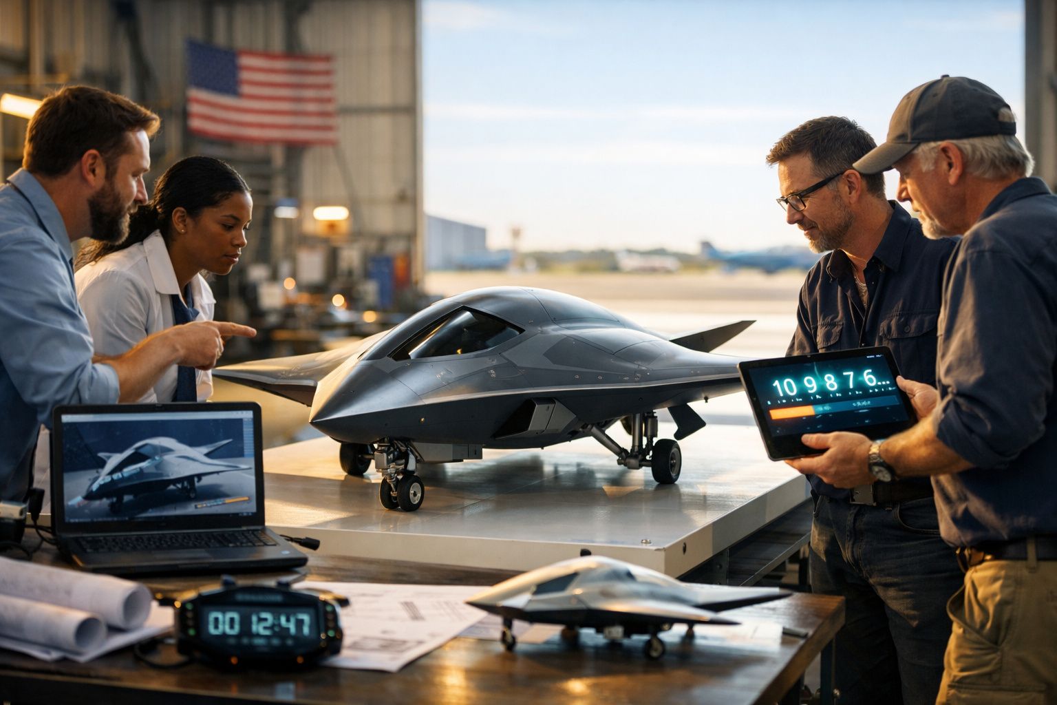 Engenheiros analisam modelo de drone futurista numa oficina com bandeira dos EUA ao fundo.