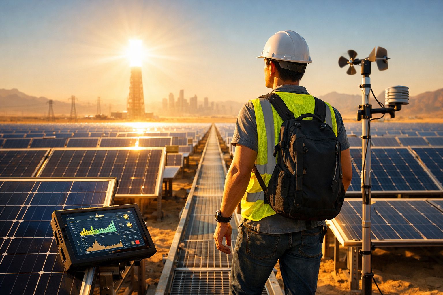Engenheiro com capacete e colete observa painéis solares num campo ao pôr do sol.