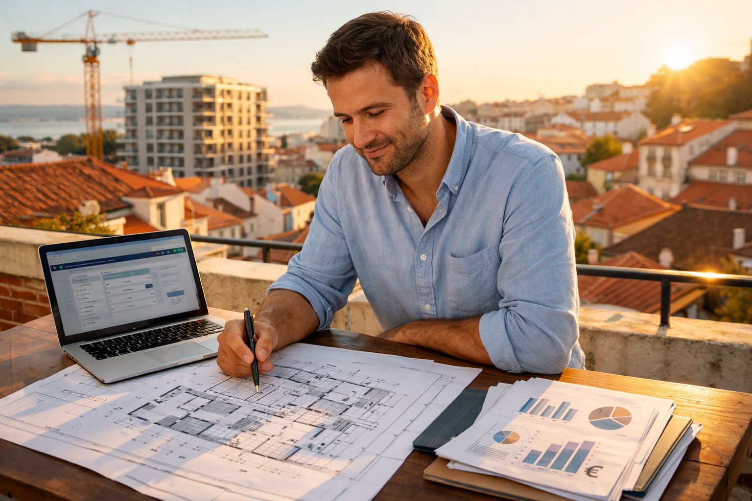 Homem a trabalhar em plantas arquitetónicas com computador portátil e gráficos numa varanda ao pôr do sol.