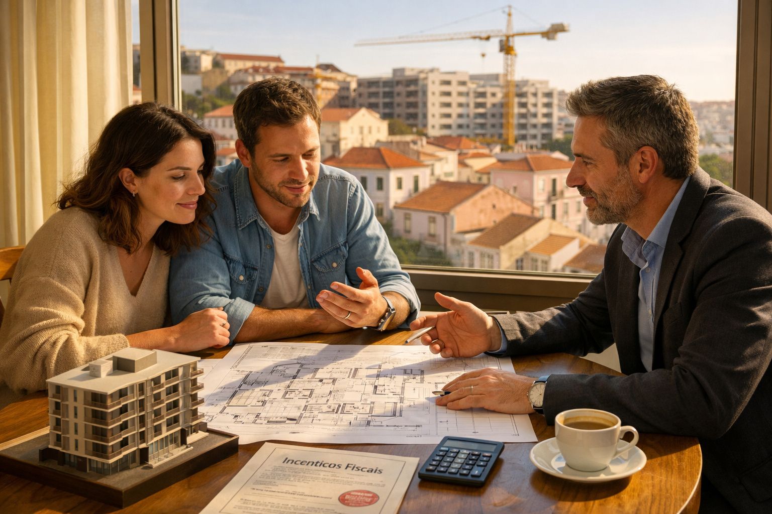 Casal reunido com consultor imobiliário analisando plantas e maquete de prédio numa mesa junto a janela.