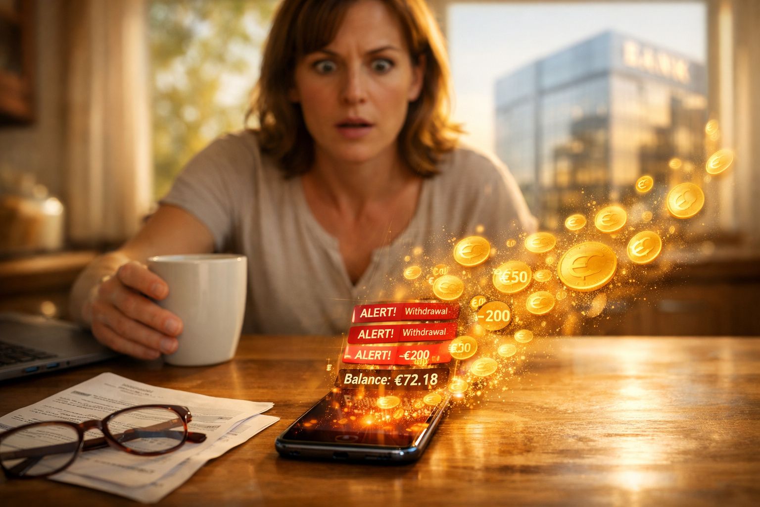 Mulher surpreendida a olhar para telemóvel com alertas de levantamento e saldo bancário baixo.