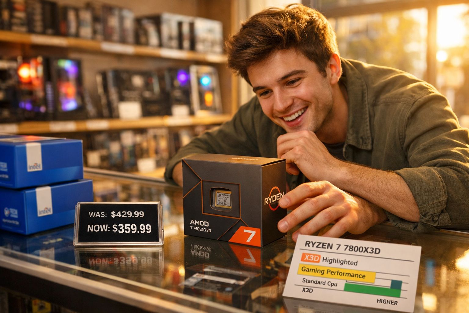 Jovem sorridente olhando para processador AMD Ryzen 7 7800X3D numa loja de informática.