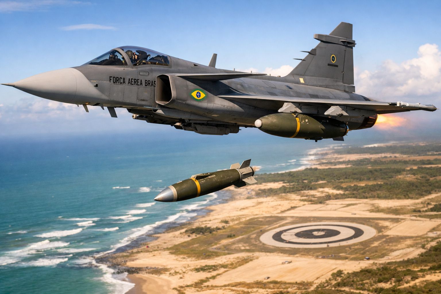 Caça da Força Aérea Brasileira em voo com duas bombas a sobrevoar zona costeira e alvo circular no chão.