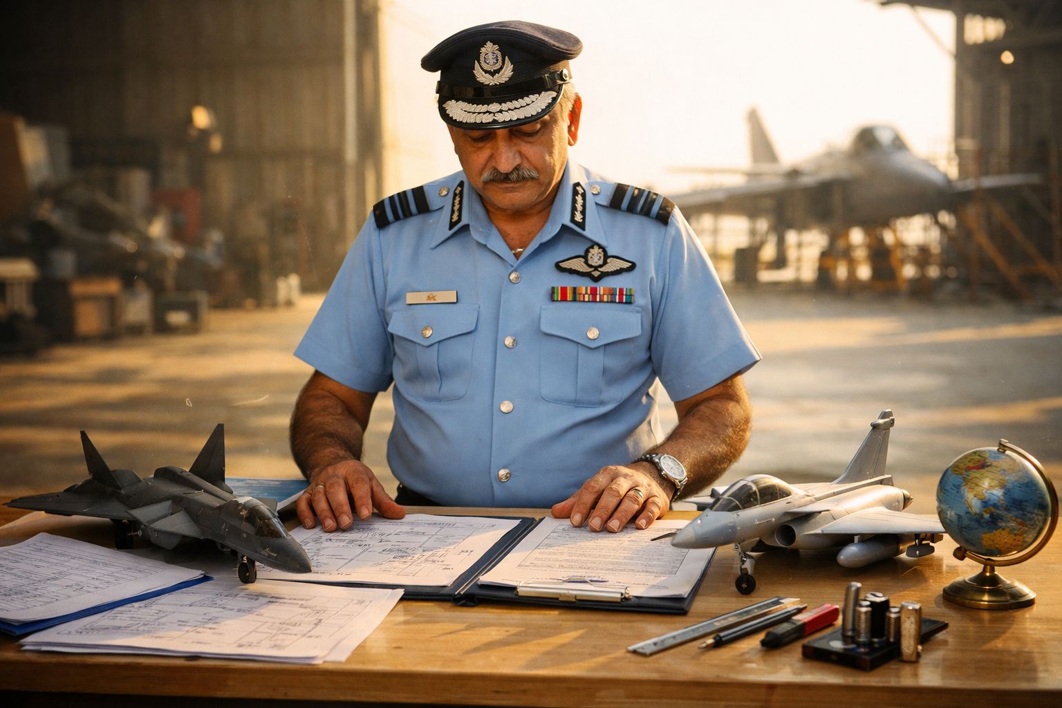 Oficial da Força Aérea a analisar planos numa mesa com modelos de aviões e um globo terrestre.