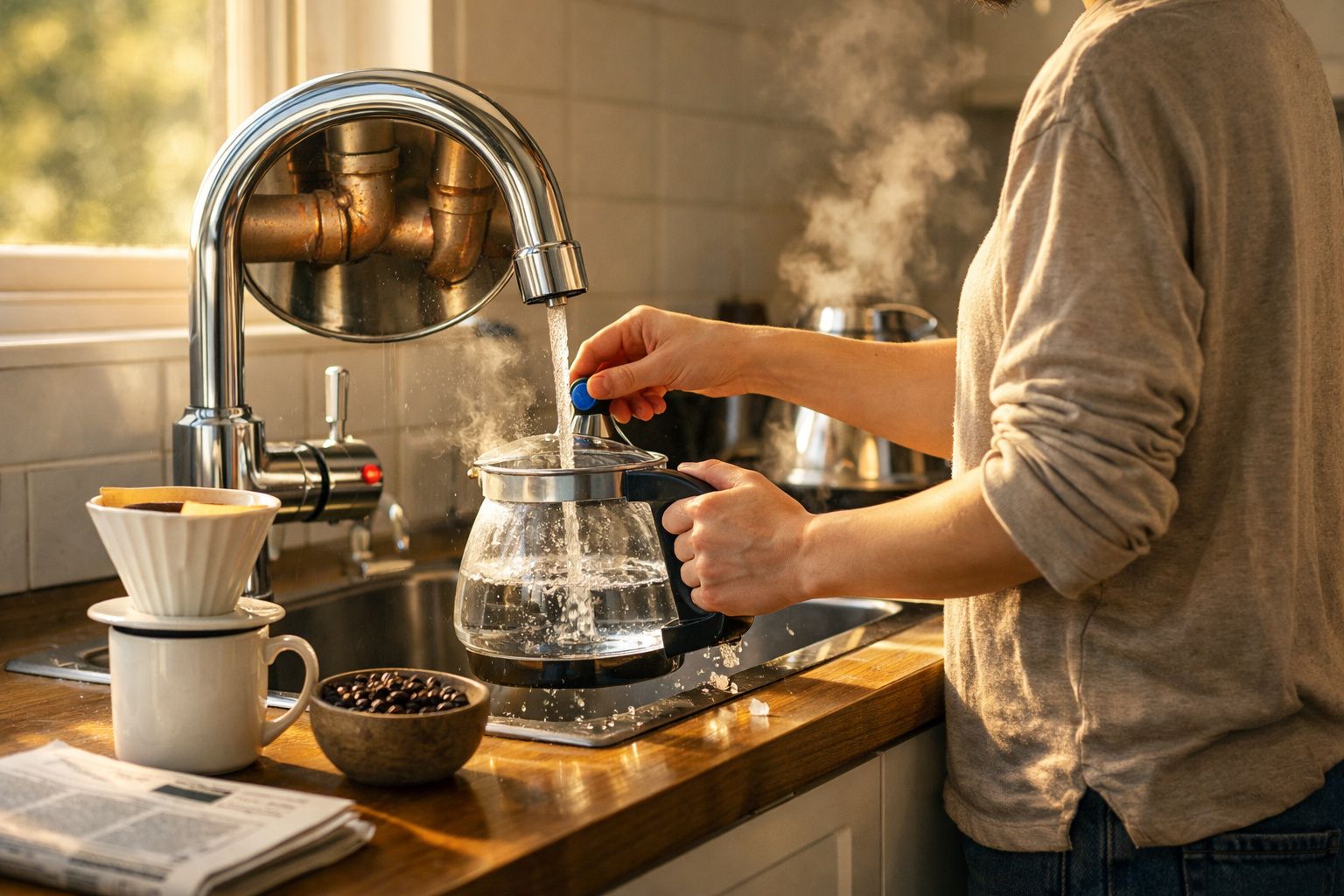Pessoa a encher chaleira com água quente numa cozinha iluminada a luz natural.