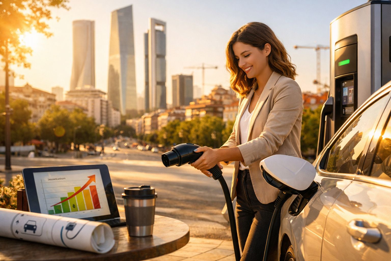 Mulher a carregar carro elétrico ao ar livre com gráfico de crescimento num portátil ao lado.