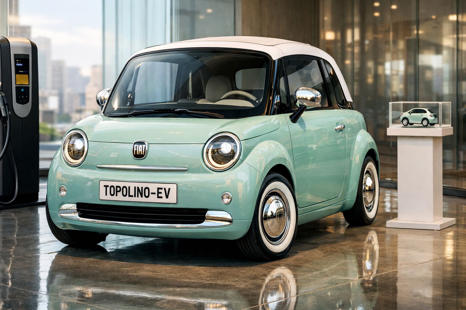 Automóvel eléctrico Fiat Topolino-ev verde claro com tejadilho branco numa exposição moderna.