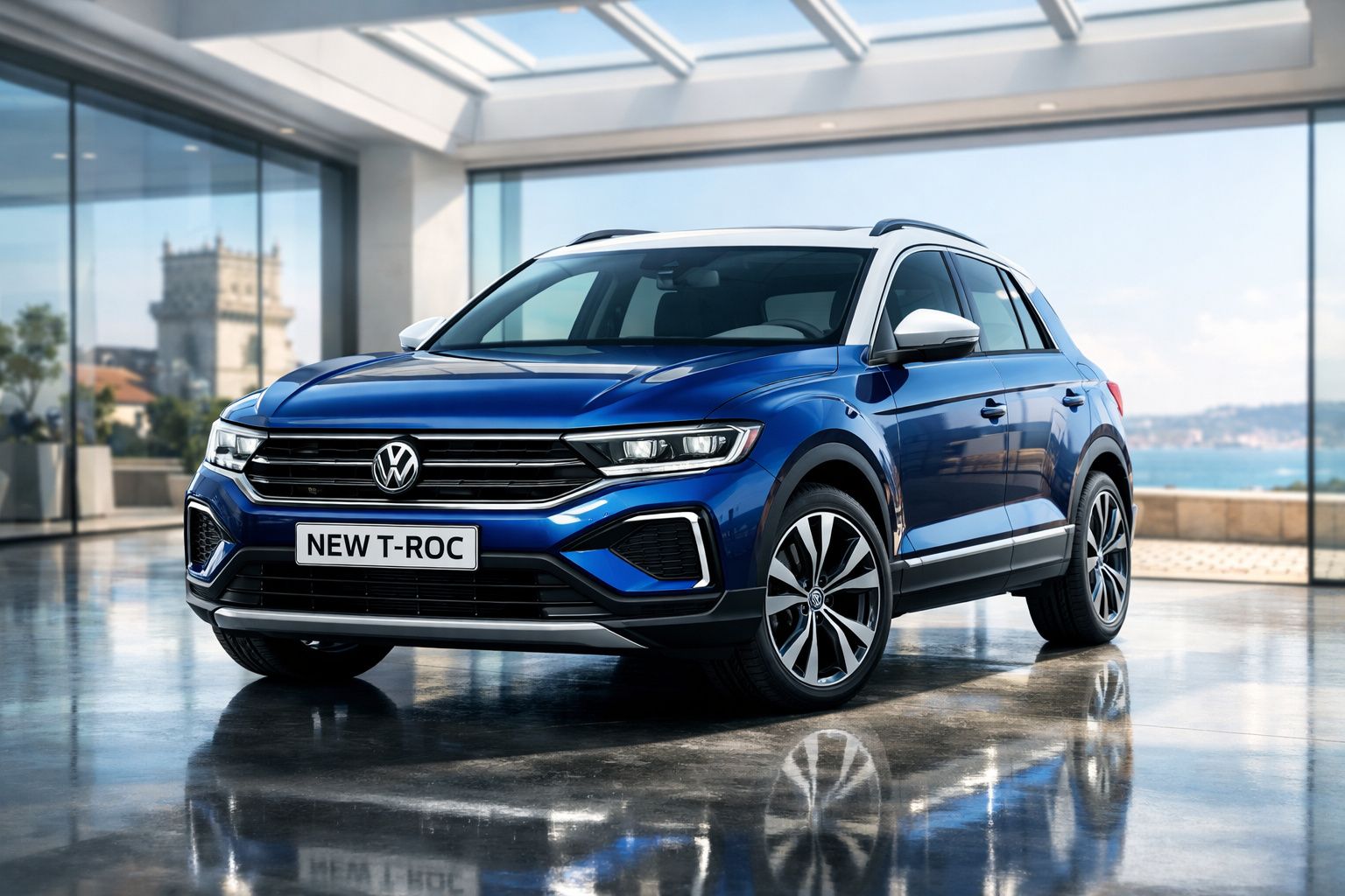 Carro SUV Volkswagen T-Roc azul com tejadilho branco exposto num showroom com vista urbana e rio ao fundo.