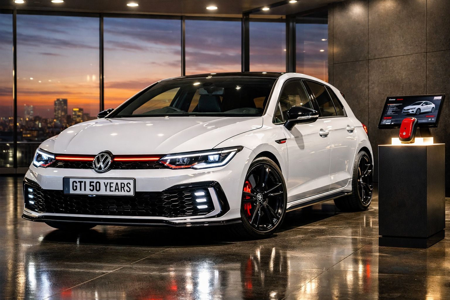 Carro Volkswagen GTI branco com detalhes em vermelho em exposição interior ao pôr do sol.