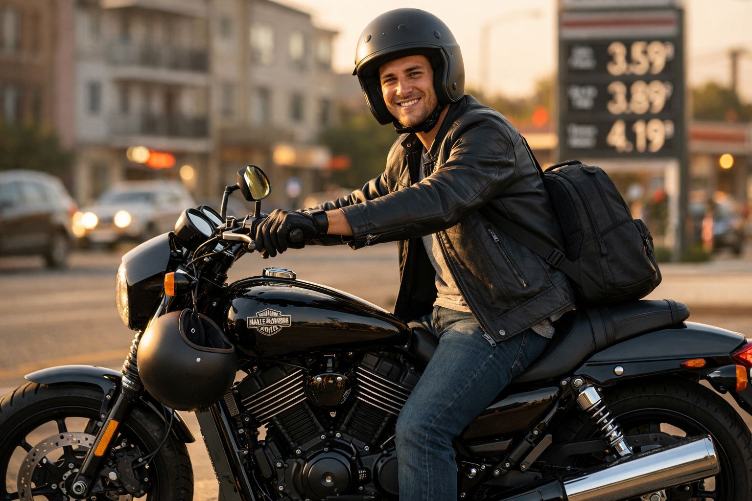 Homem sorridente de capacete numa moto Harley-Davidson preta na cidade ao pôr do sol.