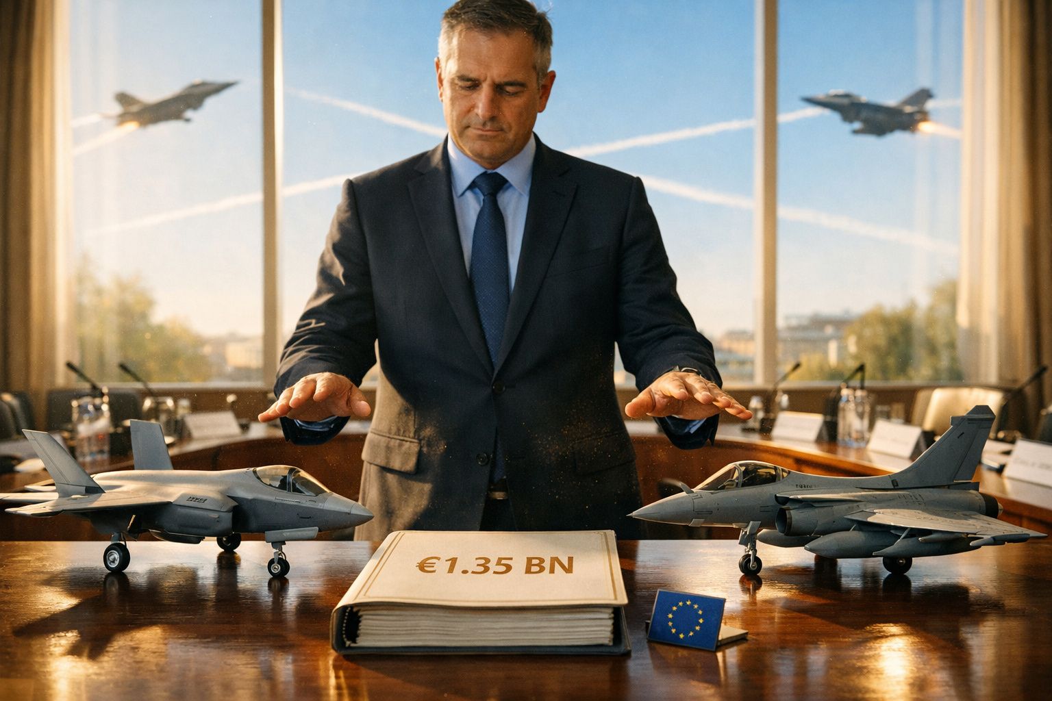 Homem de fato ao centro, entre dois modelos de aviões militares, com pasta de €1,35 mil milhões sobre a mesa.