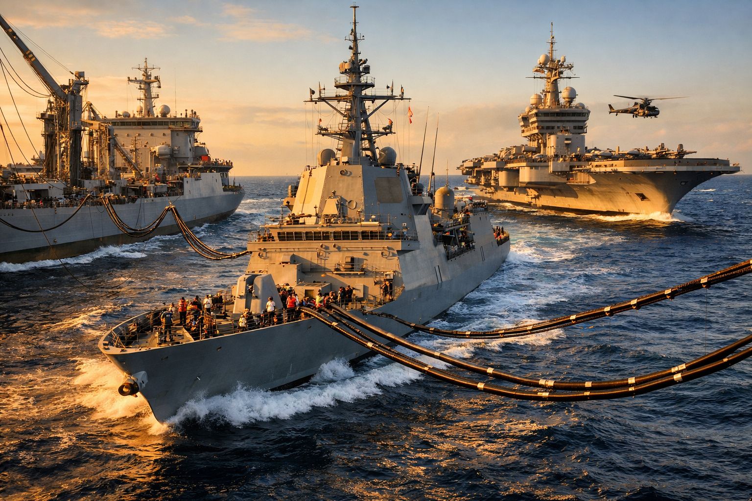 Três navios militares no mar durante reabastecimento em curso, com helicóptero num porta-aviões ao fundo.