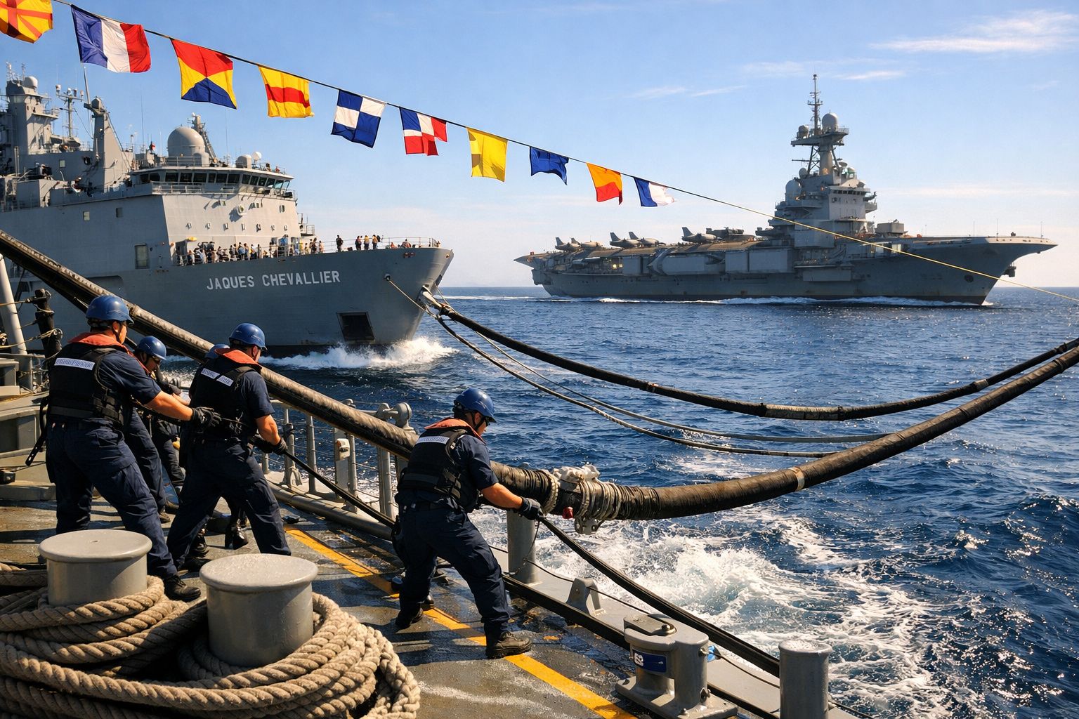 Marinheiros a operar cabos num navio de guerra com outros dois navios militares no mar ao fundo.