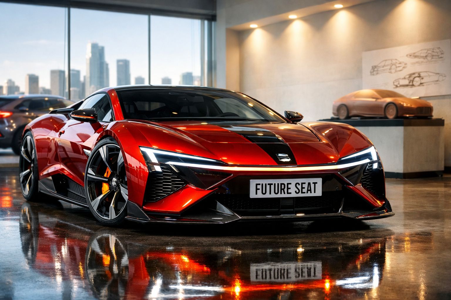 Carro desportivo vermelho com luzes LED modernas numa sala de exposição com vista para a cidade.