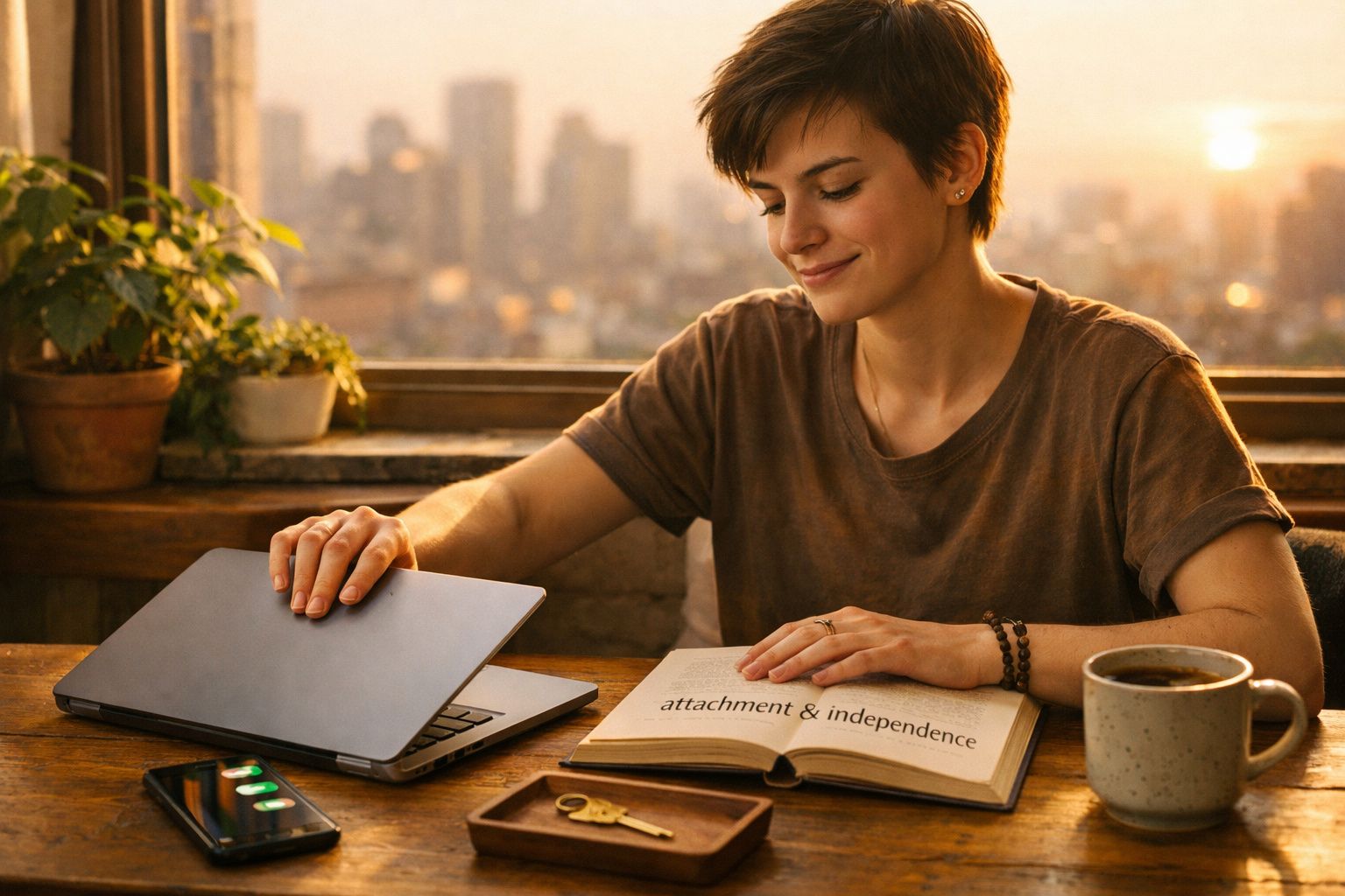 Pessoa sentada a sorrir, fechando um portátil com um livro aberto e uma caneca numa mesa junto a uma janela.
