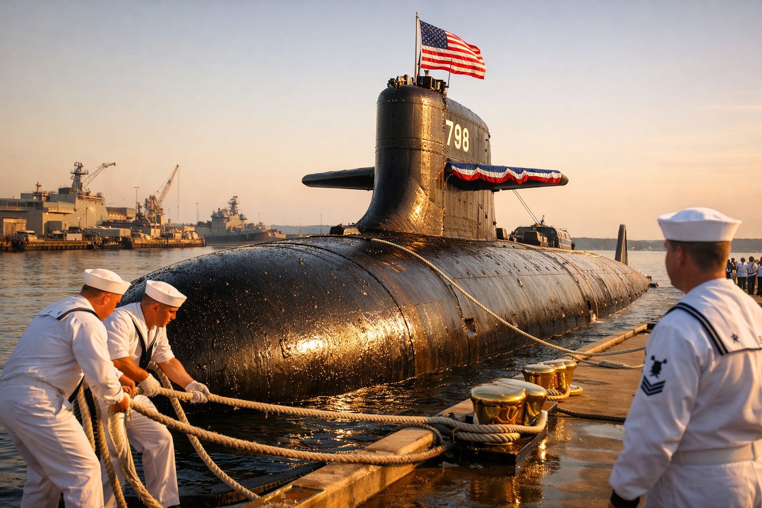 Submarino militar americano atracado enquanto marinheiros em uniforme branco seguram cordas no cais.