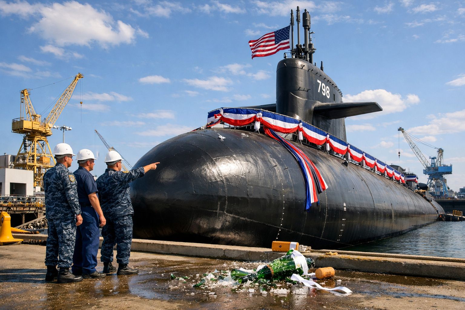 Submarino preto decorado com bandeira dos EUA, marujo e estilhaços de champanhe num porto industrial.