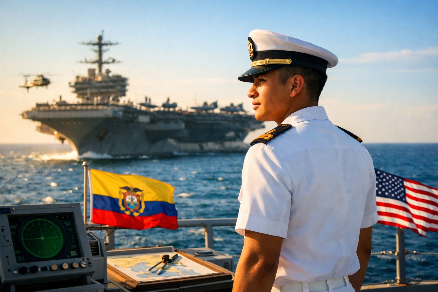 Oficial naval em uniforme branco a bordo de navio com porta-aviões e bandeiras dos EUA e Equador ao fundo.
