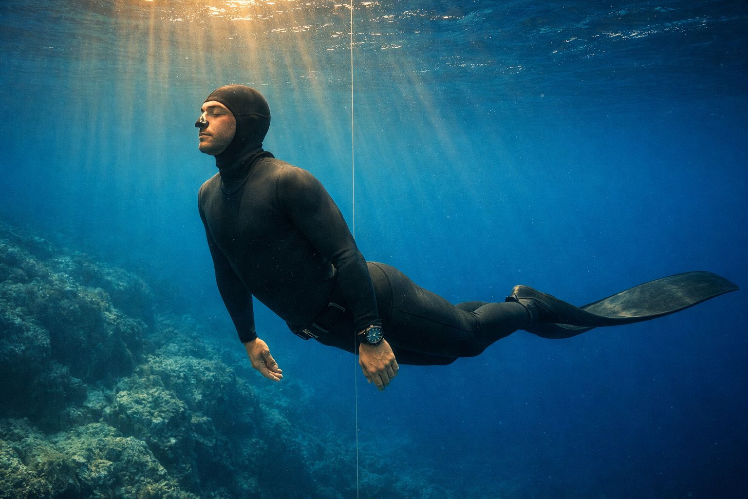 Mergulhador em fato de neoprene preto a flutuar debaixo de água junto a um recife rochoso.