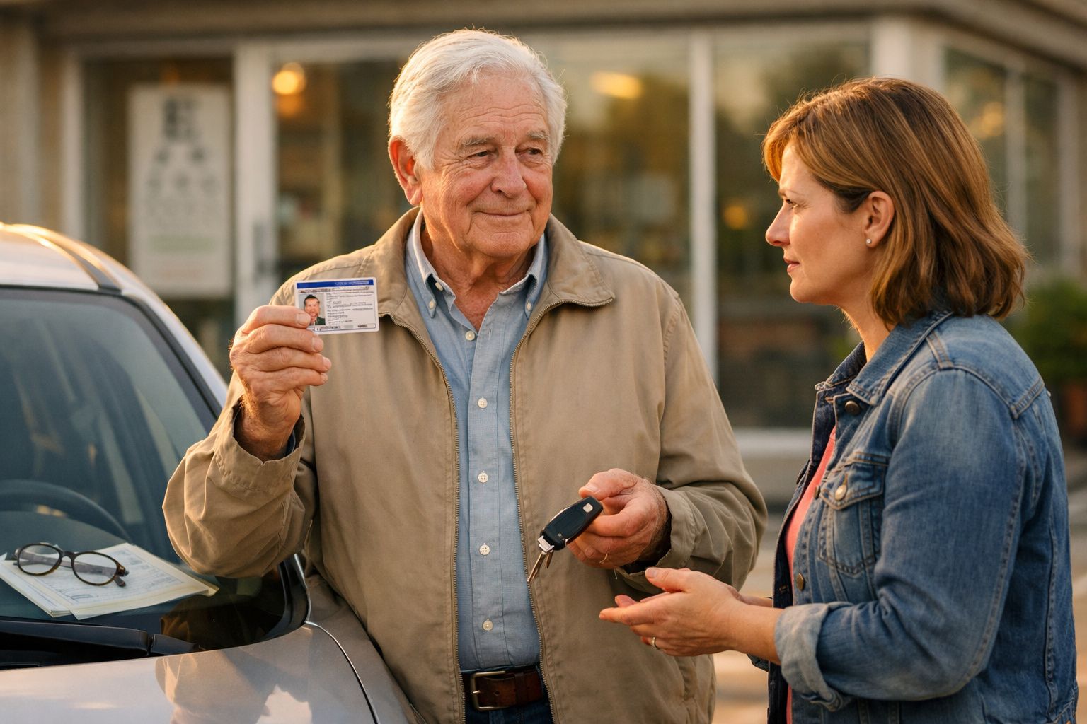 Homem idoso mostra carta de condução e entrega chave do carro a mulher em conversa amigável.
