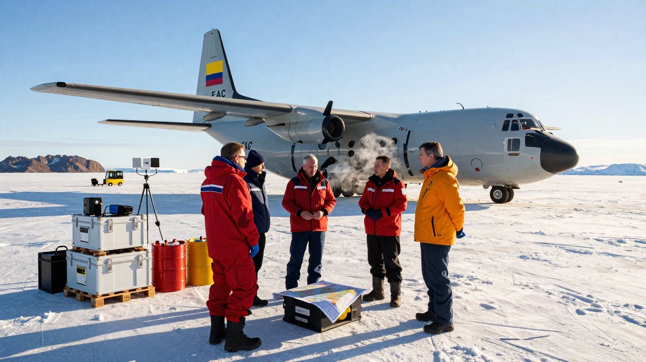 Cinco pessoas equipadas com casacos quentes ao redor de mapa junto a avião militar em paisagem congelada.