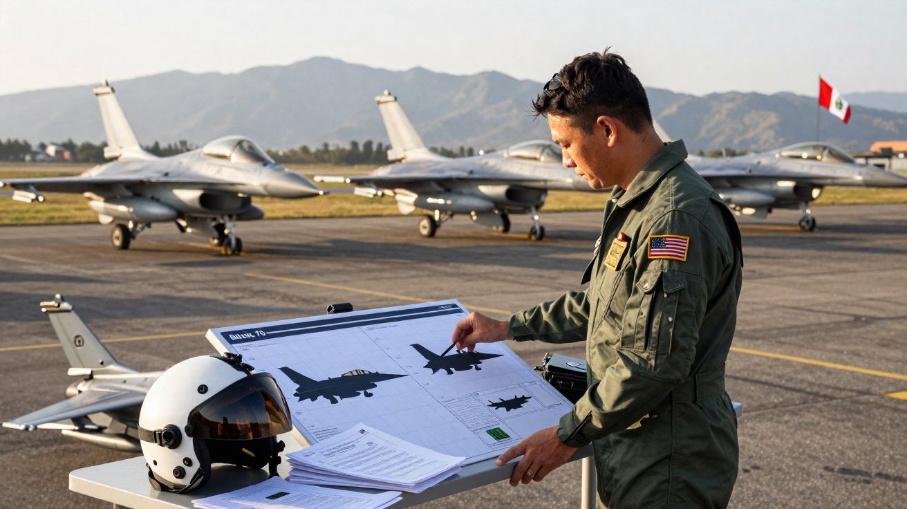 Piloto militar com fato verde examina planos de jatos F-16 numa pista com cinco aviões atrás e montanhas ao fundo.