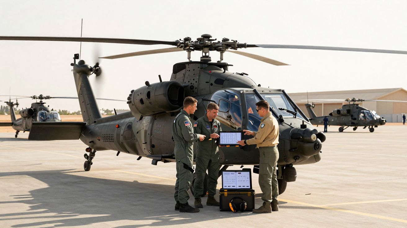 Três militares junto a helicóptero militar estacionado, a consultar documentos e equipamento eletrônico ao ar livre.