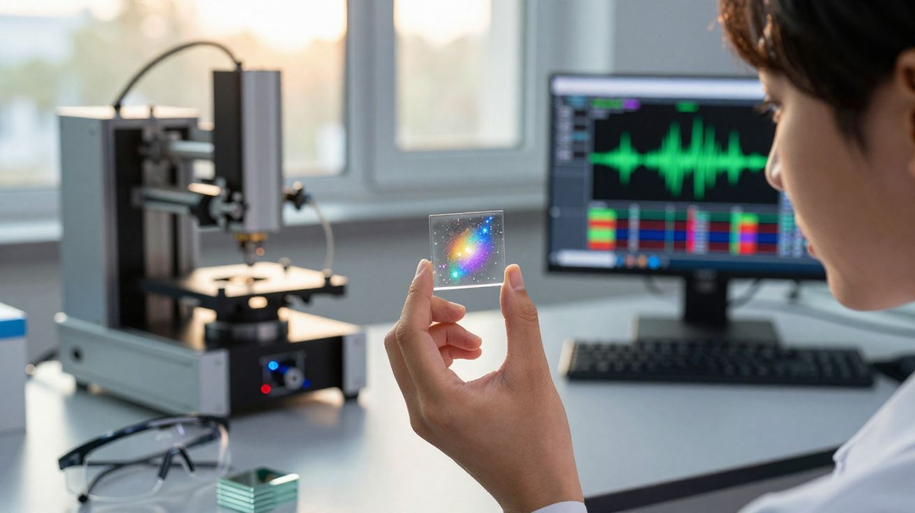 Pessoa a segurar um microchip transparente com imagem holográfica, computador e equipamento de laboratório ao fundo.