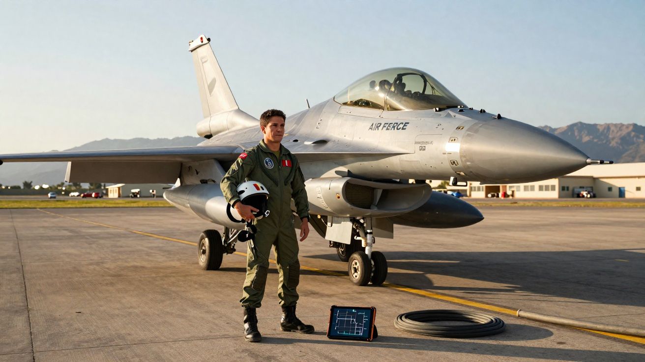 Piloto militar com fato verde e capacete na mão junto a caça F-16 estacionado numa pista aérea ao pôr do sol.