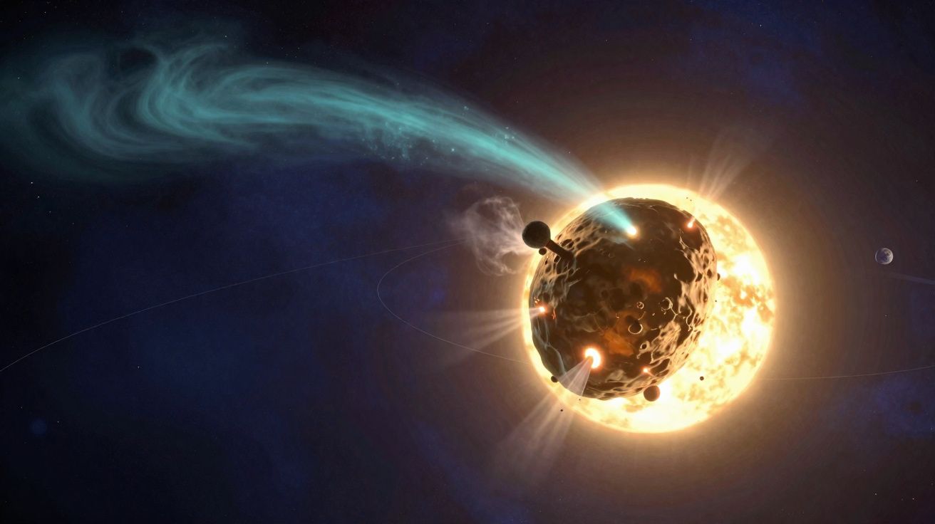 Cometa com cauda azul aproximando-se de planeta rochoso com crateras e estrela brilhante ao fundo.