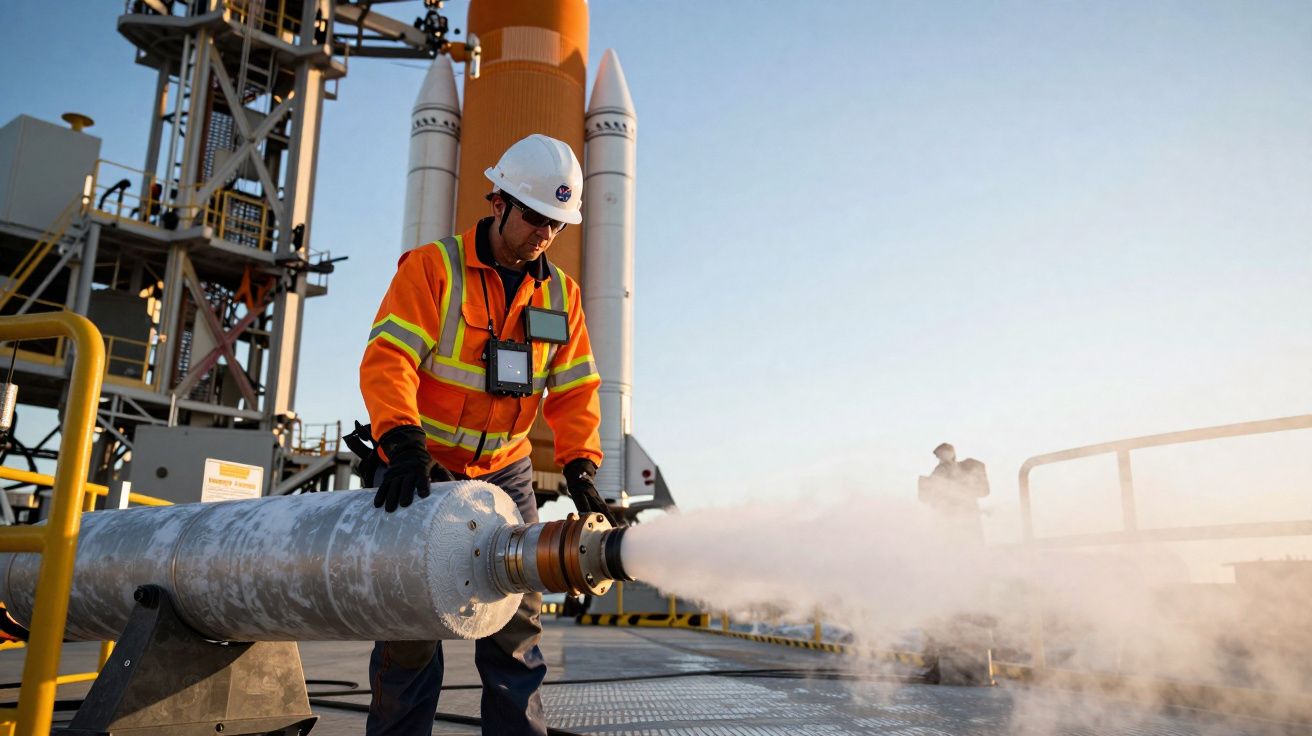 Técnico em equipamento de gás com camisola de alta visibilidade e capacete a libertar vapor num espaço industrial.