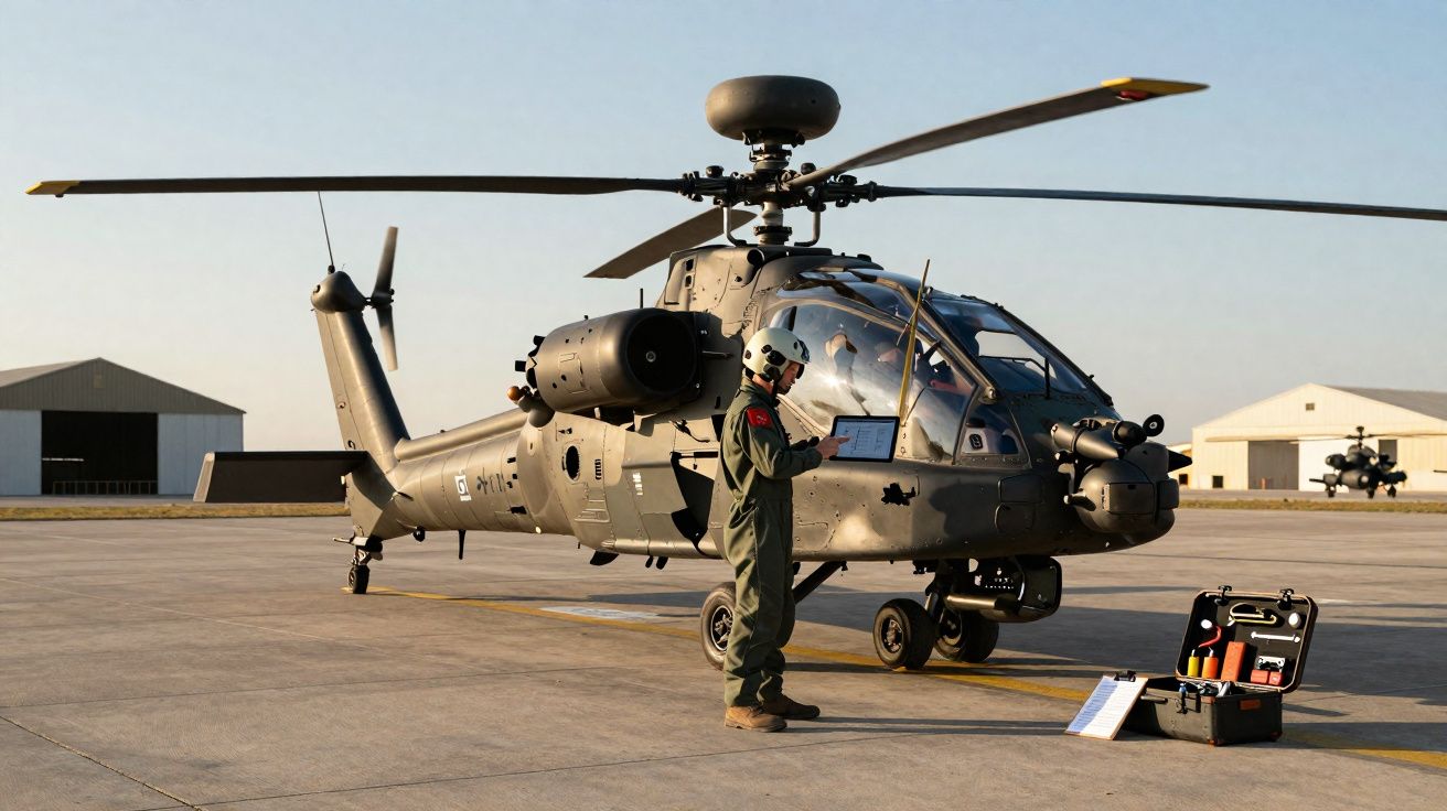 Helicóptero militar e piloto com equipamento de manutenção na base aérea ao pôr do sol.