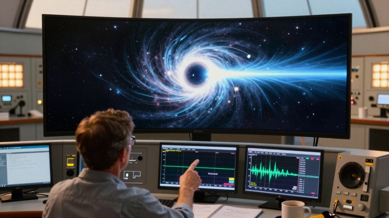 Pessoa a apontar para ecrãs com dados científicos, incluindo imagem de buraco negro com jato de energia.