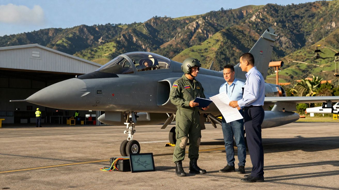 Jacto militar estacionado, com piloto e duas pessoas a discutir documentos numa pista com montanhas ao fundo.