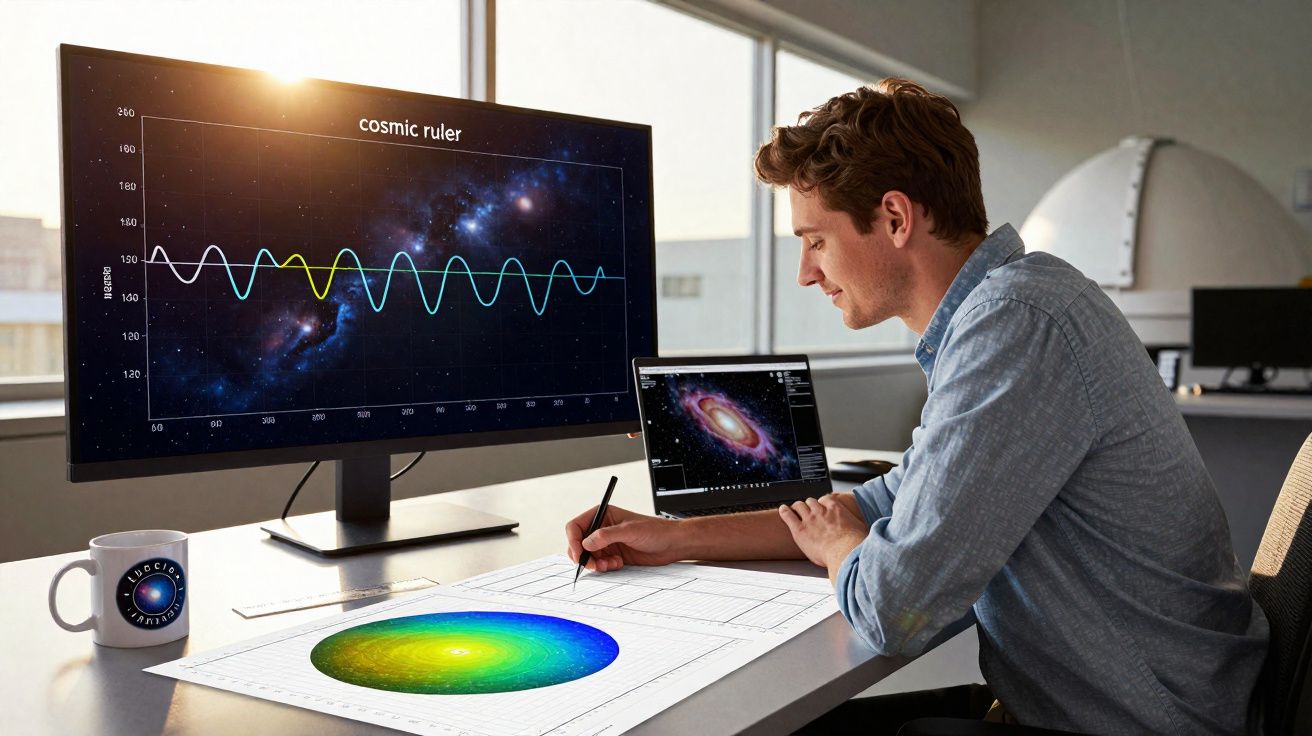 Homem a estudar gráficos cósmicos numa secretária com dois ecrãs e mapas coloridos.
