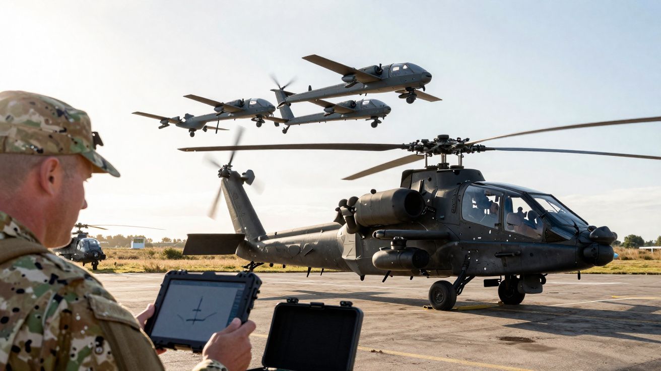 Soldado controla via tablet helicóptero militar no solo e três drones voando ao fundo em pista de aeroporto.