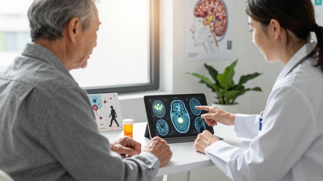 Médica mostra imagens de ressonância cerebral digital a paciente idoso numa consulta, explicando diagnóstico.
