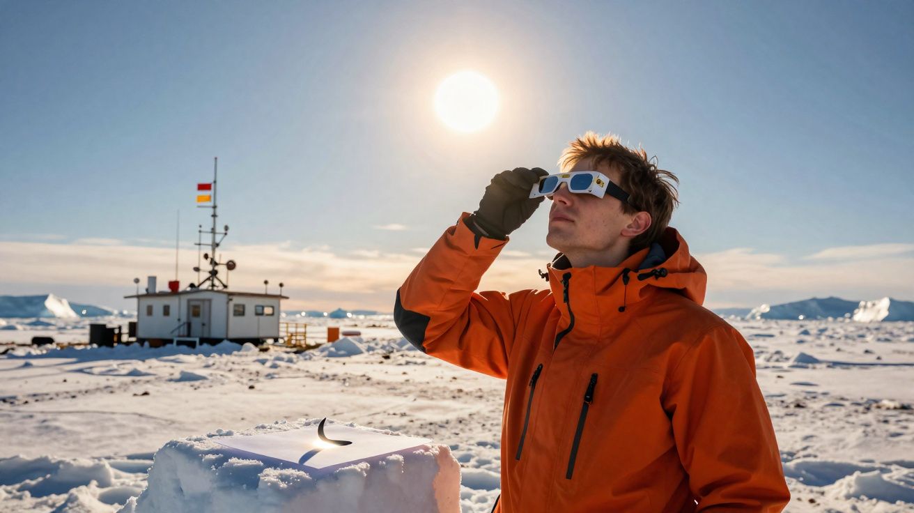 Homem com casaco laranja observa o sol com óculos especiais numa paisagem gelada com edifício e icebergs ao fundo.