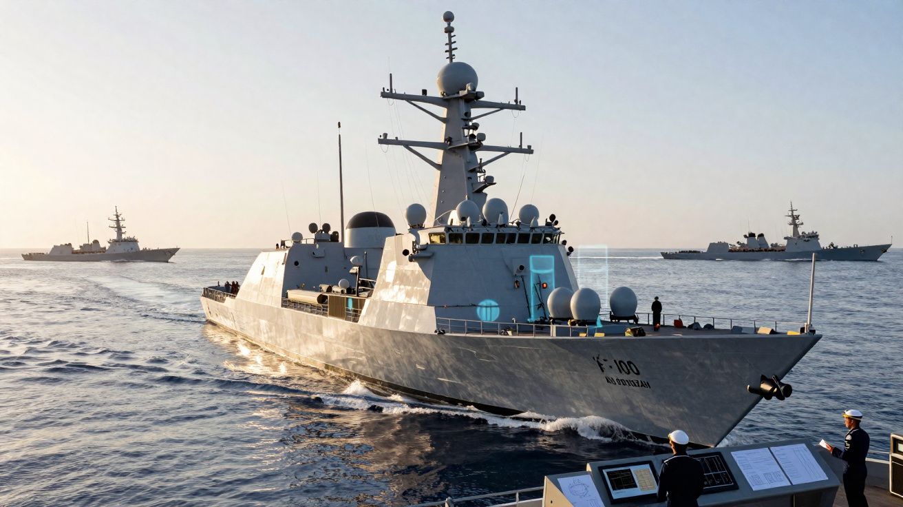 Navio militar moderno a navegar no mar ao pôr do sol com outros navios ao fundo.