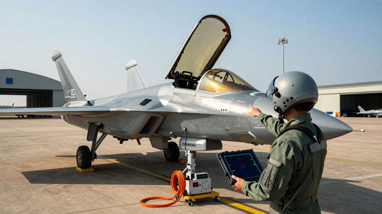 Piloto com capacete verifica caça de combate estacionado numa pista de aeroporto militar.