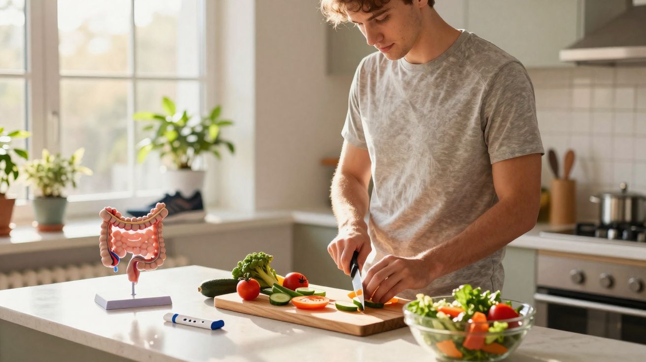 Jovem a cortar legumes frescos na cozinha com modelo anatómico do intestino grosso ao lado.