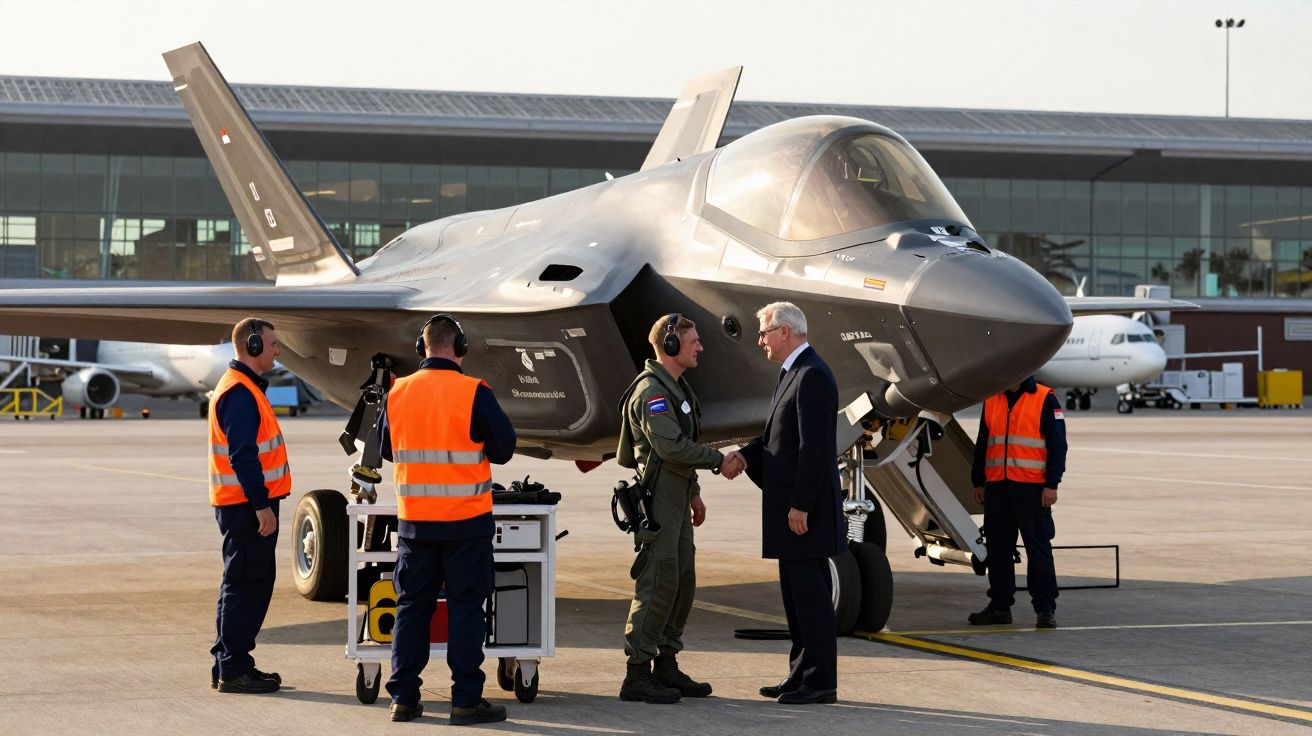 Soldado e homem de fatos apertam as mãos junto a avião de caça no aeroporto com técnicos ao redor.