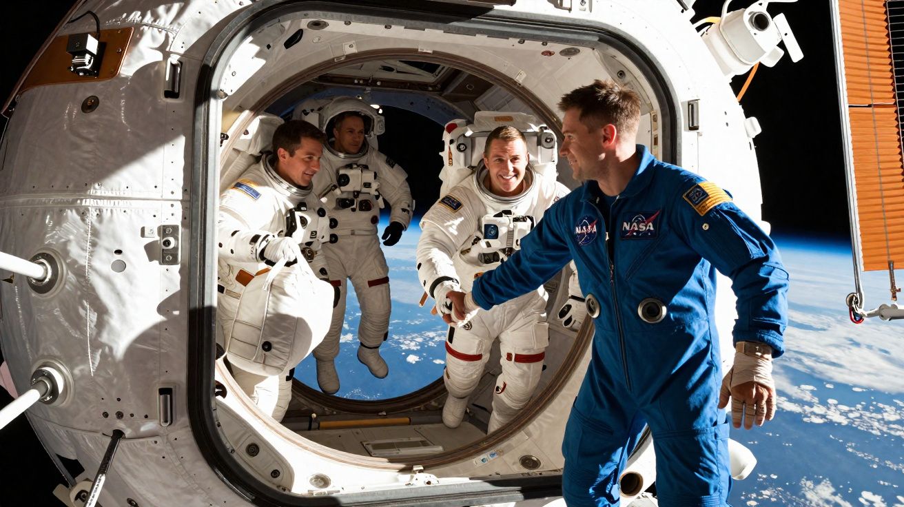 Quatro astronautas a flutuar na entrada de uma estação espacial com a Terra ao fundo no espaço.